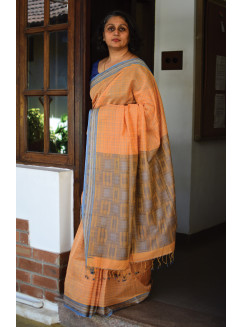 Orangish yellow, Handwoven Organic Cotton, Textured Weave , Jacquard, Work Wear, Checked Saree